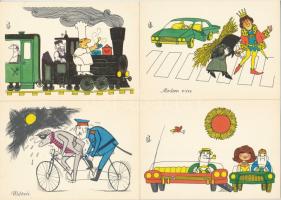 Közlekedési karikatúrák -18 db MODERN humoros grafikai motívum képeslap, saját tokban, eredeti Képző...