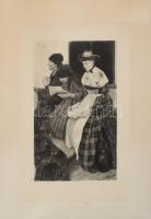 Wilhelm Leibl (1844-1900): Három hölgy a templomban. Rézkarc, papír, jelzett a karcon, 34x23 cm