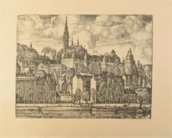 Szabó Vladimír (1905-1991): Pestről a Vár. Rézkarc, papír, jelzett. Kartonra kasírozva. 29x39 cm