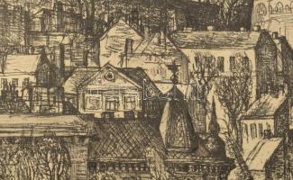 Szabó Vladimír (1905-1991): Pestről a Vár. Rézkarc, papír, jelzett. Kartonra kasírozva. 29x39 cm