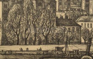 Szabó Vladimír (1905-1991): Pestről a Vár. Rézkarc, papír, jelzett. Kartonra kasírozva. 29x39 cm