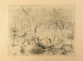 Láng Rudolf (1904-1991): Kidőlt fa. Rézkarc, papír. Jelzett. 29x39 cm