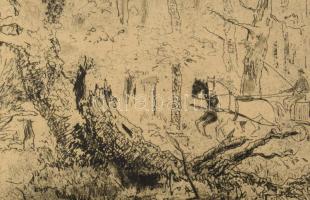 Láng Rudolf (1904-1991): Kidőlt fa. Rézkarc, papír. Jelzett. 29x39 cm