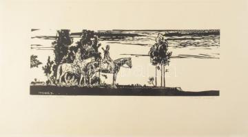 Takács Zoltán (1940-): Lovasjárőr. Linómetszet, papír, jelzett, számozott (100/39). 15x43 cm