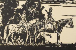 Takács Zoltán (1940-): Lovasjárőr. Linómetszet, papír, jelzett, számozott (100/39). 15x43 cm