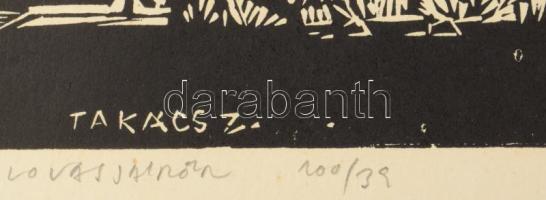 Takács Zoltán (1940-): Lovasjárőr. Linómetszet, papír, jelzett, számozott (100/39). 15x43 cm