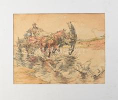Benyovszky István (1898-1969): Lovasszekér. Színezett nyomat, papír, jelzett, foltos. Paszpartuban, 24x32 cm