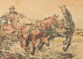 Benyovszky István (1898-1969): Lovasszekér. Színezett nyomat, papír, jelzett, foltos. Paszpartuban, ...