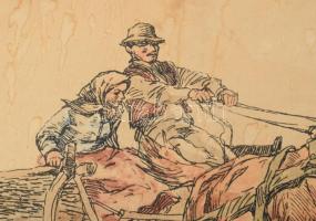 Benyovszky István (1898-1969): Lovasszekér. Színezett nyomat, papír, jelzett, foltos. Paszpartuban, ...