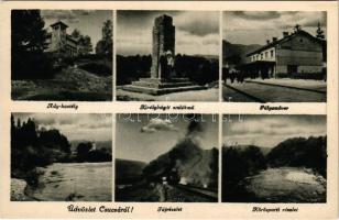 Csucsa, Ciucea; Mozaiklap 6 képpel: Ady-kastély, Királyhágói emlékmű, Pályaudvar, Vasútállomás, tájrészlet, Körösparti részlet / multi-view postcard with 6 images with railway station (EK)