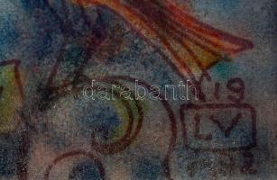 Lőrincz Vitus (1933-): Lantos lány. Tűzzománc, rézlemez 48x20 cm Fa keretben., 58x33 cm Jelzett /// ...