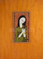 Lőrincz Vitus (1933-): Lány, virággal. Tűzzománc, rézlemez, jelzett 10x18 cm kerteben 28x38 cm,