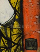 Lőrincz Vitus (1933-): Lány, virággal. Tűzzománc, rézlemez, jelzett 10x18 cm kerteben 28x38 cm,