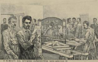 Gacs Gábor (1930-2019): A Nemzeti Dal nyomdai előkészítése, 1848 március 15 (Petőfi). Rézkarc, papír...