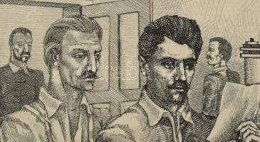 Gacs Gábor (1930-2019): A Nemzeti Dal nyomdai előkészítése, 1848 március 15 (Petőfi). Rézkarc, papír...