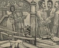 Gacs Gábor (1930-2019): A Nemzeti Dal nyomdai előkészítése, 1848 március 15 (Petőfi). Rézkarc, papír...