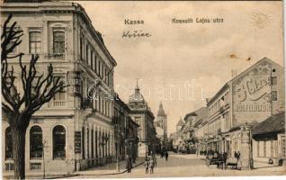 1914 Kassa, Kosice; Kossuth Lajos utca, Holzer üzlete, Európa szálloda és kávéház / street view, shops, hotel and café (fl)