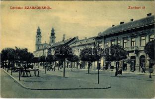 1913 Szabadka, Subotica; Zombori út, piac, tejcsarnok. W.L. (?) 18071. / street, market, milk hall (ázott / wet damage)