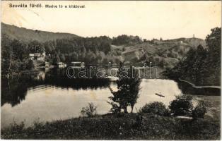 1911 Szováta-fürdő, Baile Sovata; Medve tó a kilátóval, csónakázó. Kiadja Dragoman S. J. / Lacul Ursu / lake, lookout tower, rowing boat (ázott sarok / wet corner)