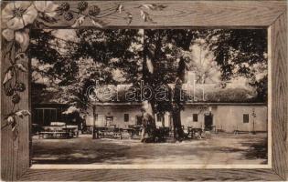 1911 Nyíregyháza, Sóstó-fürdő. Étterem kerthelyiség Borbély Sámuel kiadása. Art Nouveau floral keret (ázott / wet damage)