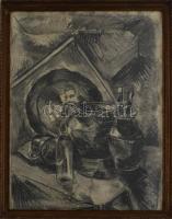 Jelzés, erdélyi magyar művész: Csendélet. Szén, papír, üvegezett fakeretben, 60x45 cm