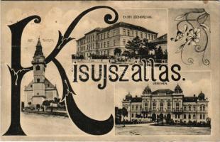 1908 Kisújszállás, Református főgimnázium és templom, Városháza. Szecessziós művészlap. Záhony Lajos kiadása. floral (ázott / wet damage)