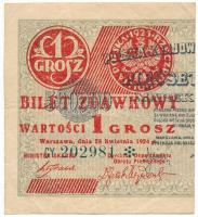 Lengyelország / Pénzügyminisztériumi kiadás 1924. 1gr felülnyomás kettévágott 500.000Zl bankjegy bal felén T:F Poland / Ministry of Finance 1924. 1 Grosz red overprint with newm denomination and coin on bisected note, left half C:F