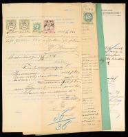 1898 4 db magas, sokszínű illetéklerovás, okmányon   1898 4 high franking, multi-colored document stamps, on document