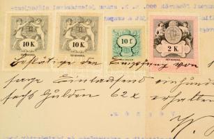 1898 4 db magas, sokszínű illetéklerovás, okmányon 

1898 4 high franking, multi-colored document ...