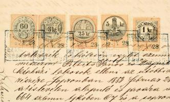 1880-1900 7 db magas, sokbélyeges, vegyes illetéklerovás, okmányon

1880-1900 7 high franking, mul...