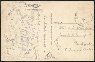 1938 Reims, a magyar labdarúgó-válogatott játékosai által aláírt képeslap, összesen kb. 20 db aláírással, köztük Toldi (Tunigold) Géza, Szalay Antal, Schaffer Alfréd (edző), Titkos Pál, Bíró Sándor, Korányi Lajos, Kohut Vilmos, Zsengellér Gyula és mások; Toldi Géza saját kezű soraival és címzésével sógora, Dömötör Sándor részére