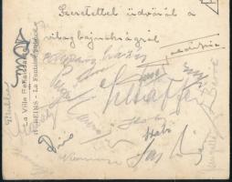 1938 Reims, a magyar labdarúgó-válogatott játékosai által aláírt képeslap, összesen kb. 20 db aláírá...