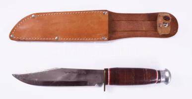 Eredeti japán Bowie-kés, bőr tokban, h: 26 cm