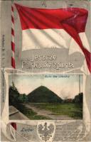 1903 Lviv, Lwów, Lemberg; Kopiec Unii Lubelskiej / Unia Lubelska Hügel / Union of Lublin Mound, monument. Art Nouveau frame with Austro-Hungarian flag and coat of arms (EB)