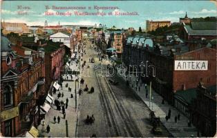 1914 Kiev, Kijev, Kyiv; Rue Grande Wasilkowskaja et Kroschatik / street, pharmacy, tram, shops (worn corners)