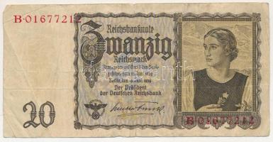 Német Harmadik Birodalom 1939. 20M "B 0167721" T:F,VG German Third Reich 1939. 20 Mark "B 0167721" C:F,VG Krause P#185