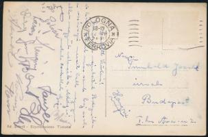 cca 1934 Bologna, Toldi (Tunigold) Géza (1909-1985) válogatott labdarúgó, az FTC játékosa által saját kezűleg megírt és édesapjának, Tunigold Józsefnek hazaküldött képeslap, a Ferencváros több játékosának aláírásaival, köztük Polgár Gyula, Sárosi György, Lázár Gyula, Kemény Tibor és mások