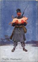 1915 Herzliche Neujahrsgrüße! /Boldog újévet! Osztrák-magyar katona malaccal / New Year greeting, K.u.k. soldier with pig. B.K.W.I. 3164-3.