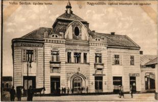 Nagyszőlős, Nagyszőllős, Vynohradiv (Vinohragyiv), Sevljus, Sevlus; Ugocsai takarékpénztár egyesület, gyógyszertár, Todresz Herman üzlete. Czukermán Károly kiadása / Ugocska banka / bank, pharmacy, shops (gyűrődések / creases)