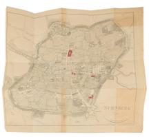 XIX. sz. eleje Nürnberg térképe, metszette: Christian Geissler, Verlag von Riegel und Wiessner, 4 helyen színezett, hajtott, összehajtott állapotban, a térkép teteje a lap elszíneződött 33,5x37 cm, lap: 35,5x39 cm / Early 19th century Map of Nürnberg, etching by Christian Geissler, Verlag von Riegel und Wiessner, colored in four part in the map, folded, spotty, 33,5x37 cm, lap: 35,5x39 cm
