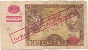 Lengyelország 1934. 100Zl "AL 6087189" hamis(?) felülbélyegzéssel T:F Poland 1934. 100 Zlotych "AL 6087189" with fake(?) overprint C:F