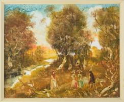 Szilágyi Imre (1942-): Társaság a szabadban. Olaj, farost, jelezve jobbra lent. 40x50 cm. Fakeretben.