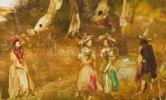 Szilágyi Imre (1942-): Társaság a szabadban. Olaj, farost, jelezve jobbra lent. 40x50 cm. Fakeretben