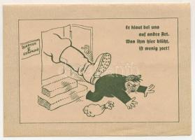 1944 Er klaut bei uns auf andre Art. Was ihm hier blüht, ift wenig jart! Quartier III. Kompagnie / German military art postcard, humour (szakadás / tear)