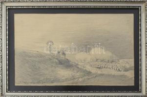 Pörge Gergely (1858-1930): Nyáj, 1906. Ceruza, papír, jelzett, üvegezett fakeretben, 16,5x24,5 cm