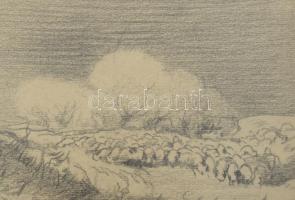 Pörge Gergely (1858-1930): Nyáj, 1906. Ceruza, papír, jelzett, üvegezett fakeretben, 16,5x24,5 cm