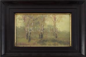 Kézdi Kovács László (1864-1942): Hazafelé. Olaj, karton, jelezve balra lent. Kézdi Kovács László autográf ajánlásával. Antik, üvegezett fakeretben, 22×30 cm