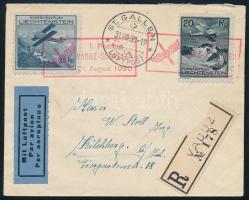 Liechtenstein 1930 Ajánlott, futott légi levél Mi 109-111 bélyegekkel bérmentesítve, piros "VADUZ - St. GALLEN" bélyegzésekkel