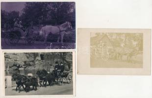 3 db RÉGI lovaskocsi képeslap, közte 2 fotó / 3 pre-1945 horse-drawn carriages postcards, with 2 photos