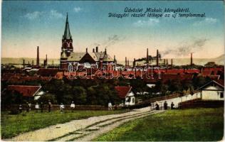 1926 Diósgyőr (Miskolc), látkép az új templommal, vasgyár. Grünwald Ignác kiadása (EK)